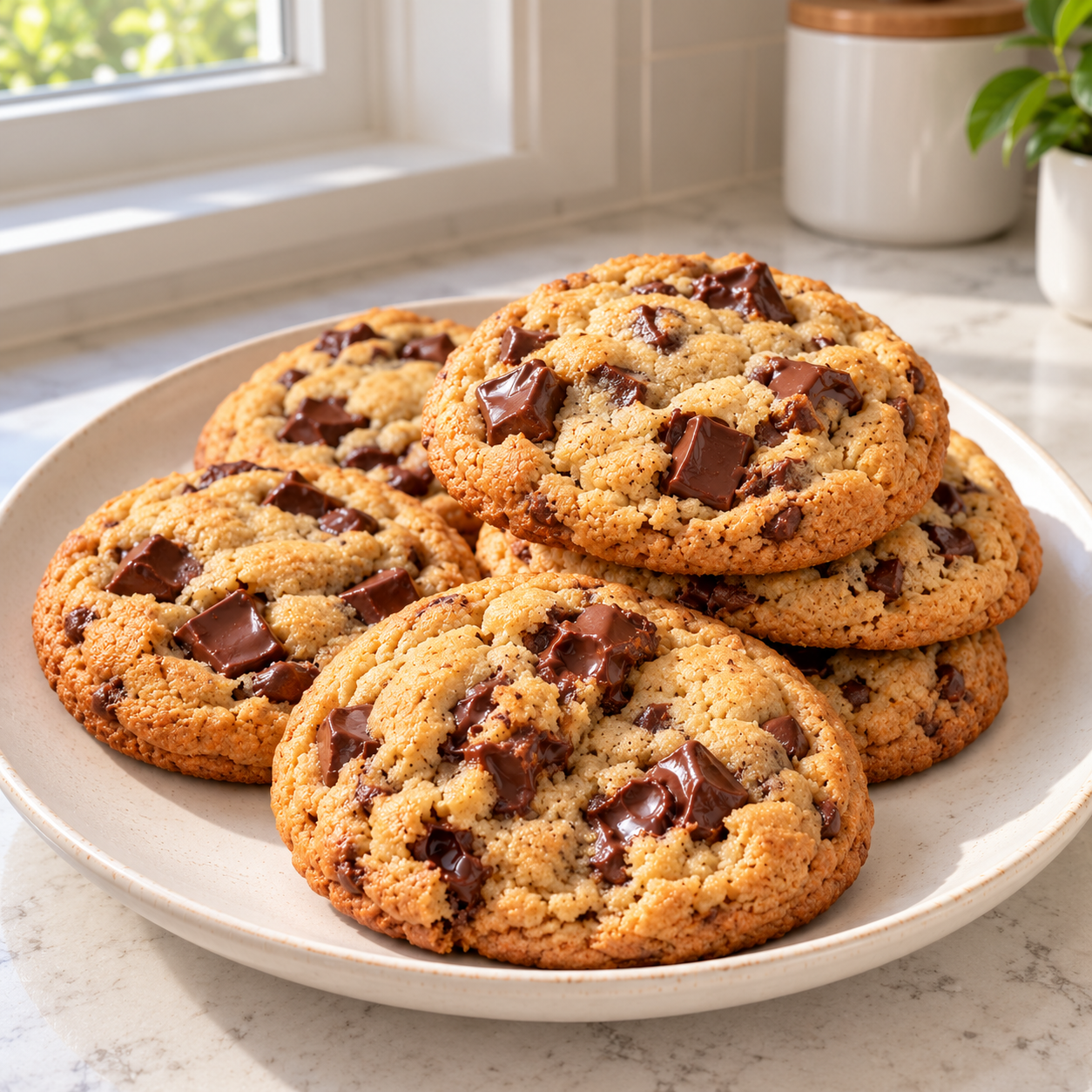 Chocolate chip cookies on a cream ceramic plate