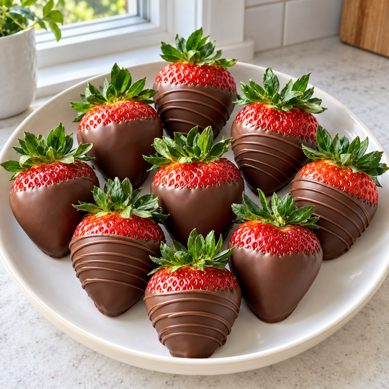 Smooth chocolate-covered strawberries with neat drizzle on a plate in a kitchen